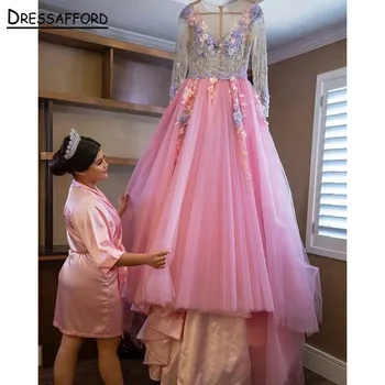 ורוד מחוץ כתף שמלת נשף הטקס שמלות 3D אפליקציות חרוזים מחוך השמלה ארוכה בחורה לנשף מסיבת שמלות חלוק נסיכה
